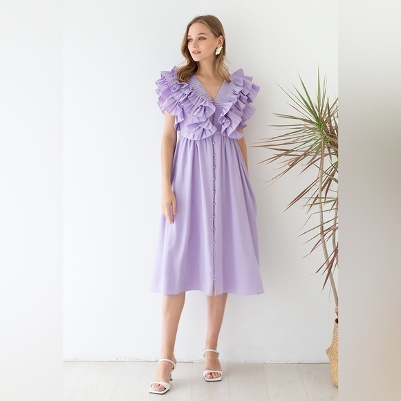 Chicwish Dresses & Skirts - PLEATED RUFFLE BUTTONED DEEP V-NECK DRESS IN LILAC